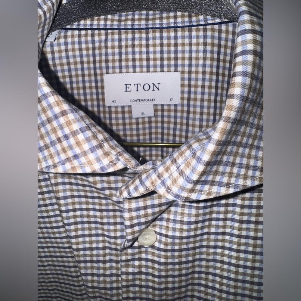 Eton Checked Dress Shirt in Blue, Brown & White Size XL Contemporary Fit 43 / 17